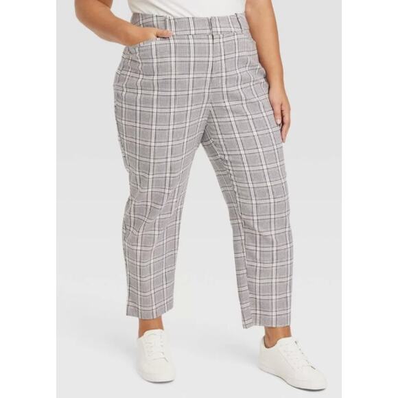 Ava & Viv Pants Black Cream Womens 20 Comfort Waist Highrise Plaid Tapered Crop - Picture 2 of 11